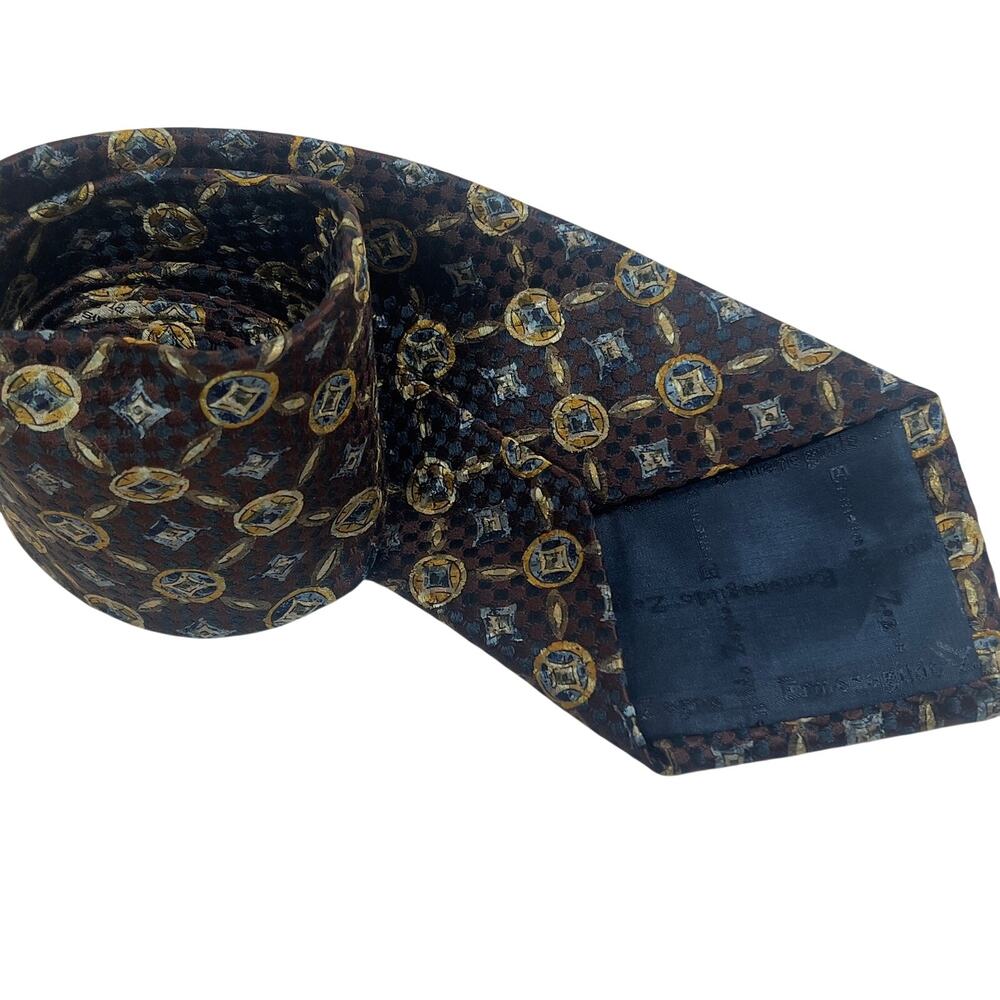 Ermenegildo Zegna Silk Tie Brown/Black/Blue Gold Trim Geometric Medallion 59"